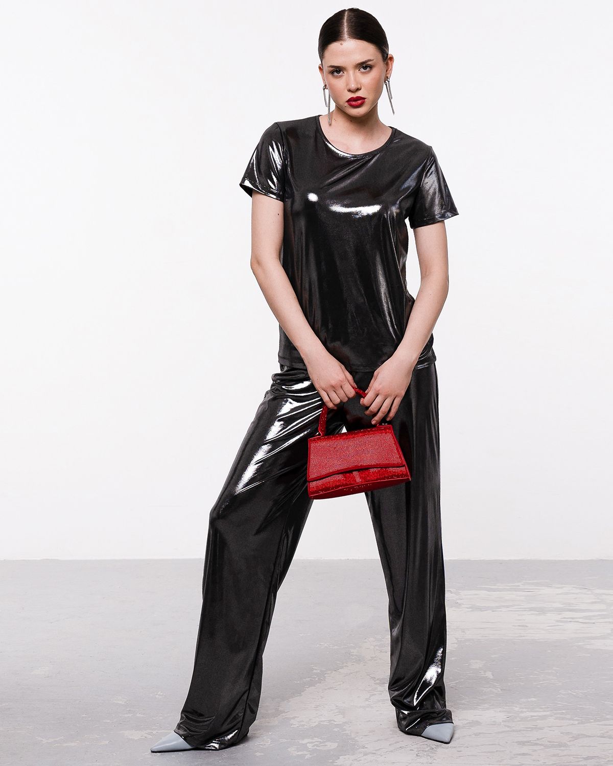 Брюки из трикотажа "валенсия" с металликом BS001